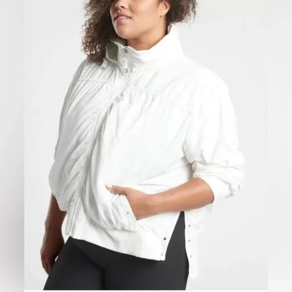 Athleta Point Reyes Bomber Jacket Bright White Zip Up Hooded Athleisure Small - Picture 1 of 16
